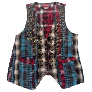 Free People Vintage Intimately Gold Studded Plaid Patchwork Button Up Vest